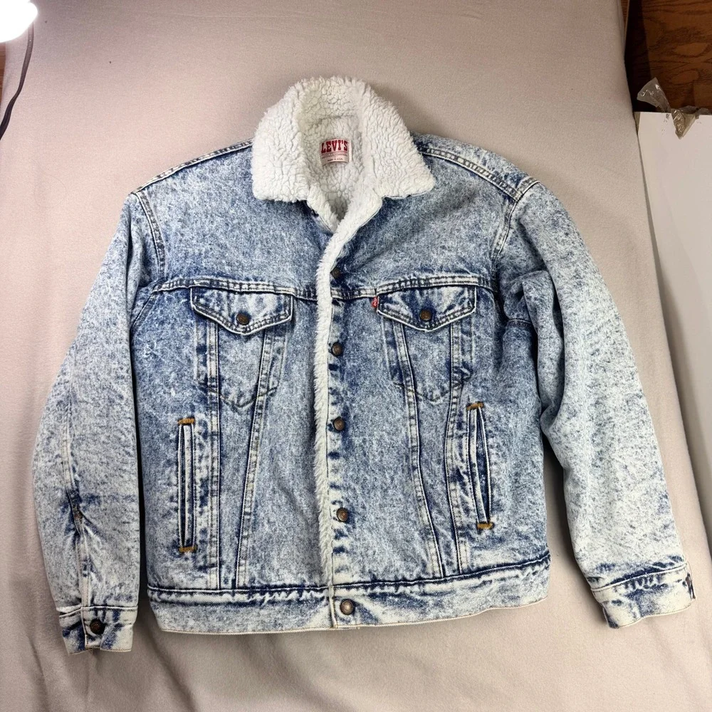 Vintage Levis 70609 Acid Wash Sherpa Lined Denim Trucker Jacket Mens Sz M USA